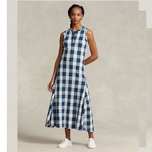 Polo Ralph Lauren Plaid Henley Midi Dress Womens Medium Blue White Waffle  Knit